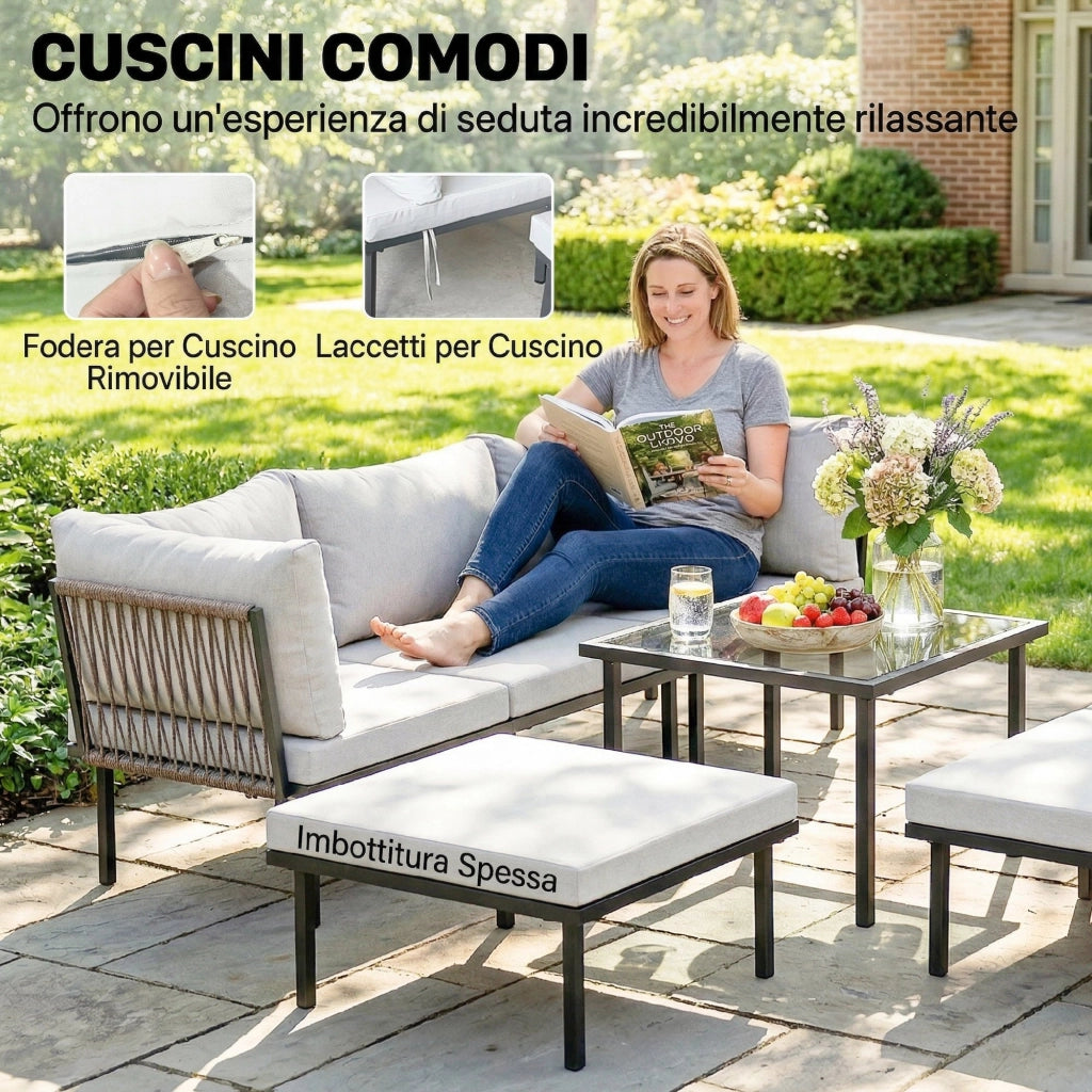 Set Divano Angolare Giardino 6 Posti con Cuscini ¨C Minimal ¨C Grigio Chiaro Metallo
