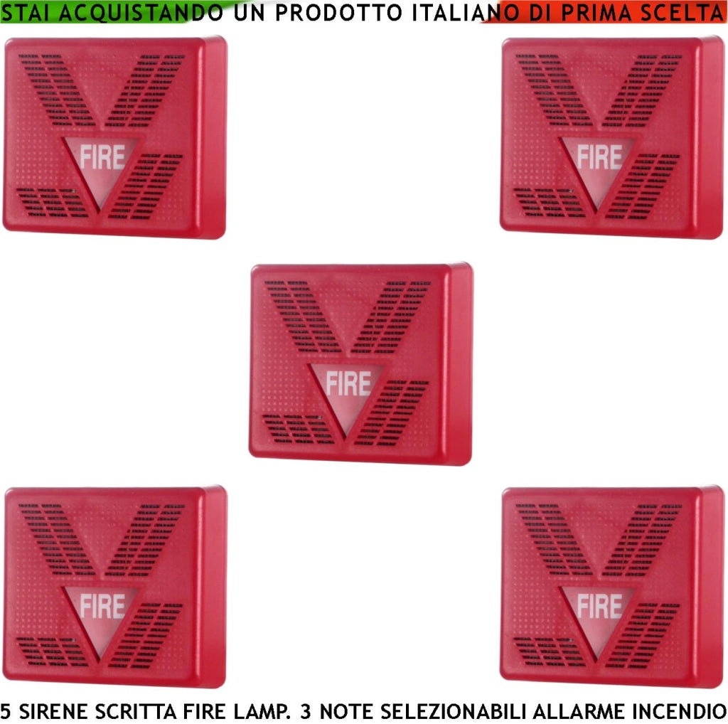 SIRENA ROSSA DA INTERNO 5 PEZZI SEGNALAZIONE ALLARME INCENDIO ALIMENTAZIONE 24 VCC SCRITTA FIRE LAMPEGGIANTE