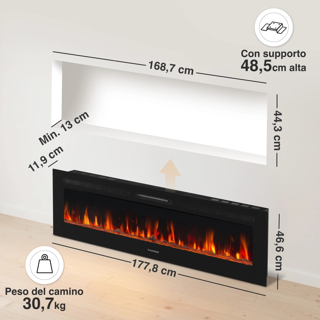 KAMINIO Camino elettrico MARLON - Camino elettrico 3 in 1 con riscaldatore, effetto fiamma 3D, 12 colori di fiamma, telecomando - 70 pollici