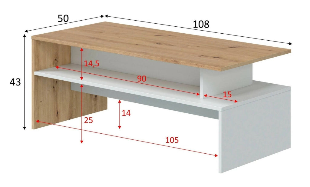 Tavolino da salotto Bartolomea, Tavolino soggiorno, Tavolino da caffè, Tavolo basso, 100x50h43 cm, Rovere Nodi e Bianco lucido