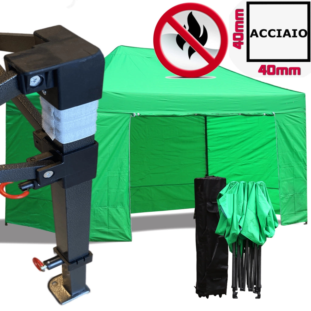 Gazebo 3x4,5m verde certificato IGNIFUGO pieghevole portatile estendibile richiudibile estensibile acciaio con laterali per fiere eventi stand chiosco tenda tendone mercato mercatino