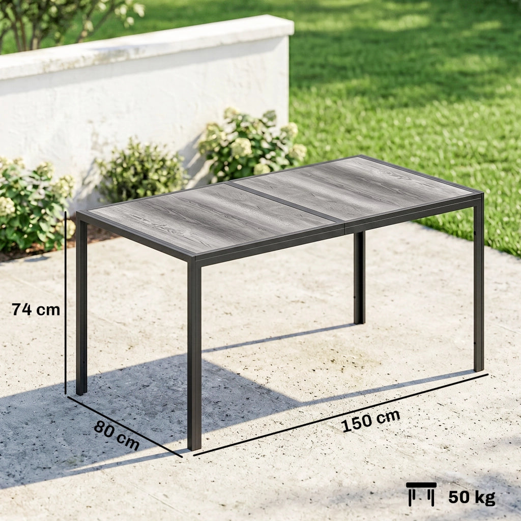 Tavolo da Giardino in Acciaio con Piano Effetto Legno 150x80x74 cm ¨C zephmum ¨C Grigio e Nero