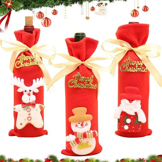 Sacchetto per bottiglia di vino natalizio 3 pezzi - Copertura per bottiglia di vino natalizio - Sacchetti per regali - Decorazioni da tavola - Kerstman/Sneeuwman/Elefante - Ripiegabile - Calze per bottiglia di vino