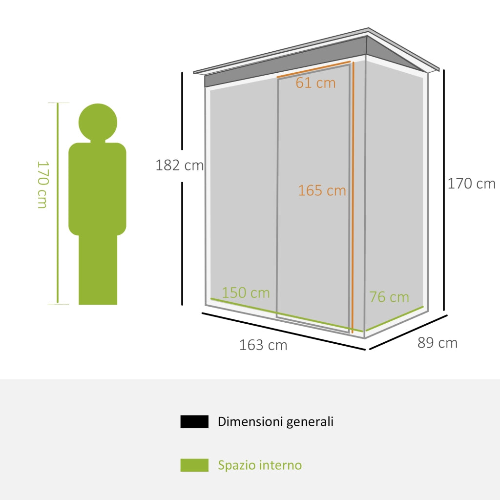 EasyComfort Casetta da Giardino 1.16m² in Acciaio Zincato, Capanno da Giardino con Tetto Inclinato e Porta Scorrevole Bloccabile, Capanno Porta Attrezzi, 163x89x182 cm, Nero