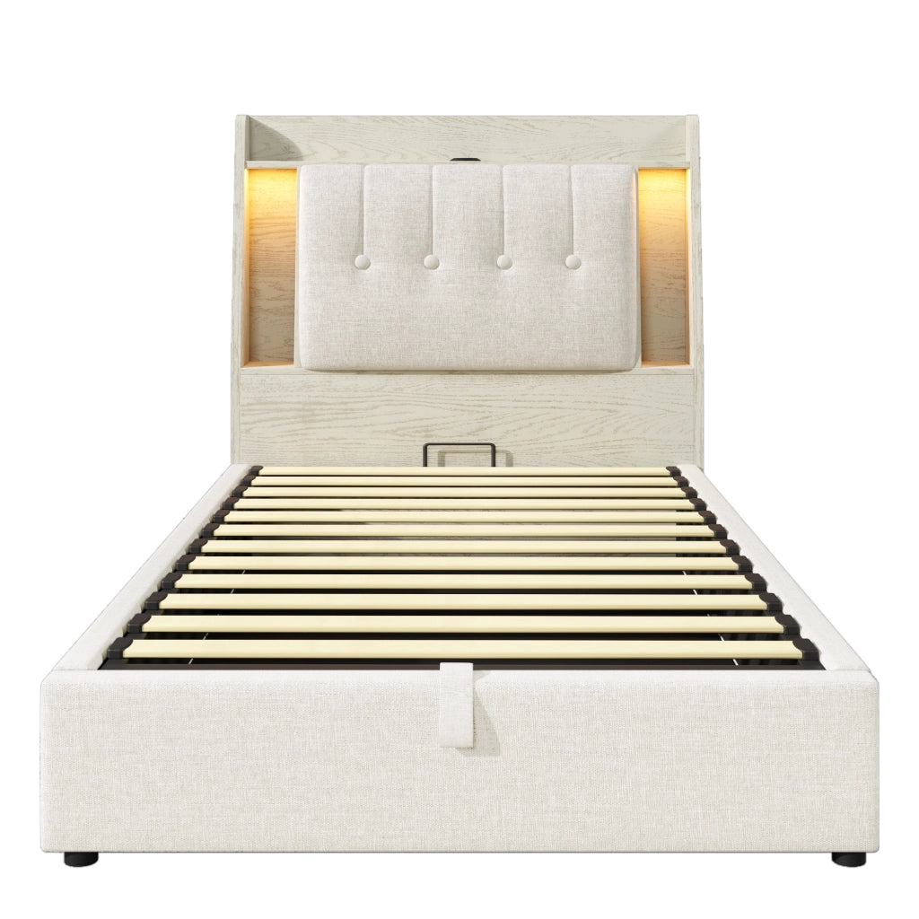 Letto singolo imbottito 90x200cm con ricarica LED e USB C in lino beige