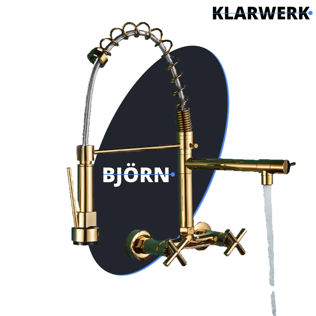 Bjorn | Rubinetto da parete gastronomia oro lucido Rubinetto cucina professionale in acciaio inox con due doccette|doppio lavello da parete ristorante