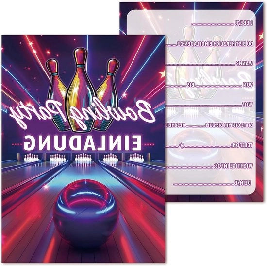 Carte di invito per bowling per bambini neon blu rosa viola