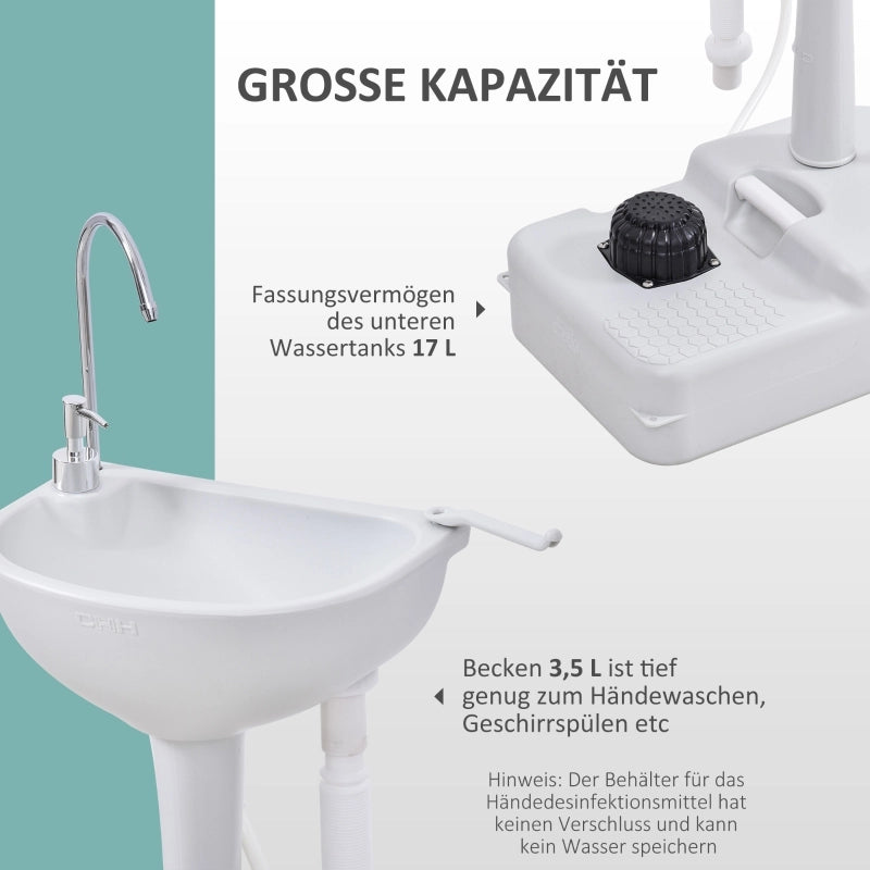 Lavabo portatile con pompa a pedale serbatoio da 17 l ruote e porta asciugamano in acciaio inox bianco per esterni