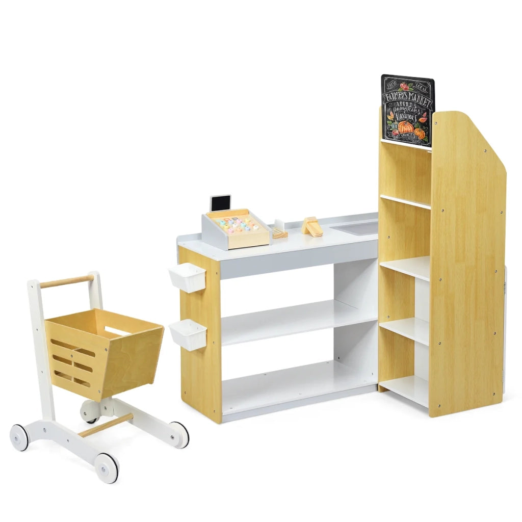 Cassa di supermercato giocattolo in legno 90 x 62 x 111 cm gioco di ruolo educativo per bambini realizzato in MDF naturale 20_0012235