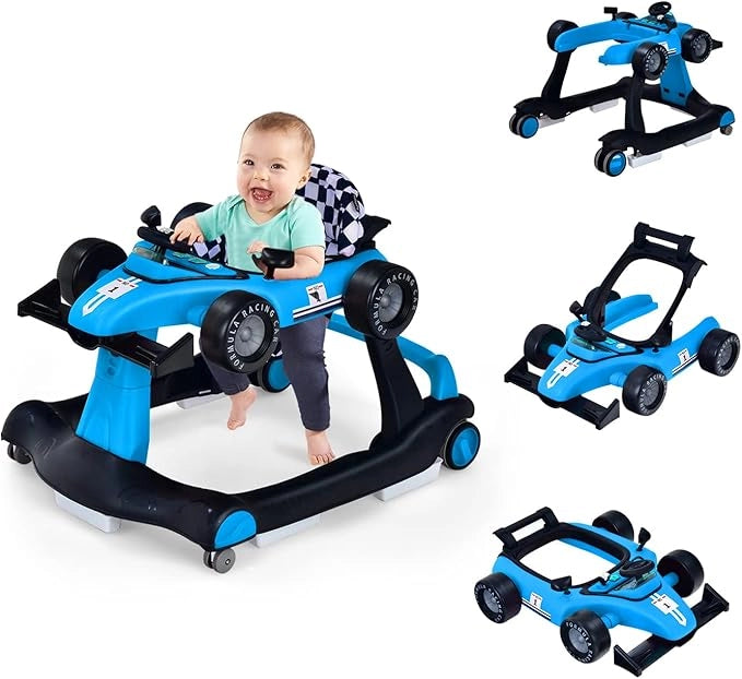 Girello per Bambini 4 in 1, Girello Pieghevole con Altezza e Velocità Regolabili, Carillon con Luci, Volante e Sedile, Primi Passi per Bambini 6-18 Mesi, Portata 15 kg (Blu)