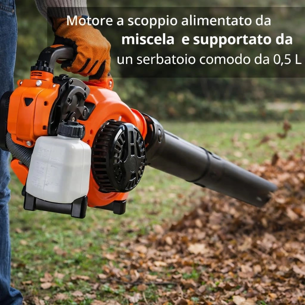 Soffiatore a Scoppio 2 Tempi 25,4 cc, con funzione Aspiratore, Compatto e Leggero, Doppio Tubo Incluso, Sacco Raccolta 50L Omaggio, Kit Accessori e Manutenzione, Ideale per Foglie e Giardino.