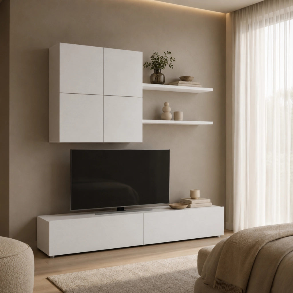 Mobile Soggiorno Parete Attrezzata Con Base TV 2 Ante Pensile 4 Ante E 2 Mensole Design Contemporaneo In Melaminico Facile Da Pulire 200 X 194 X 40 Cm Bianco Effetto Legno
