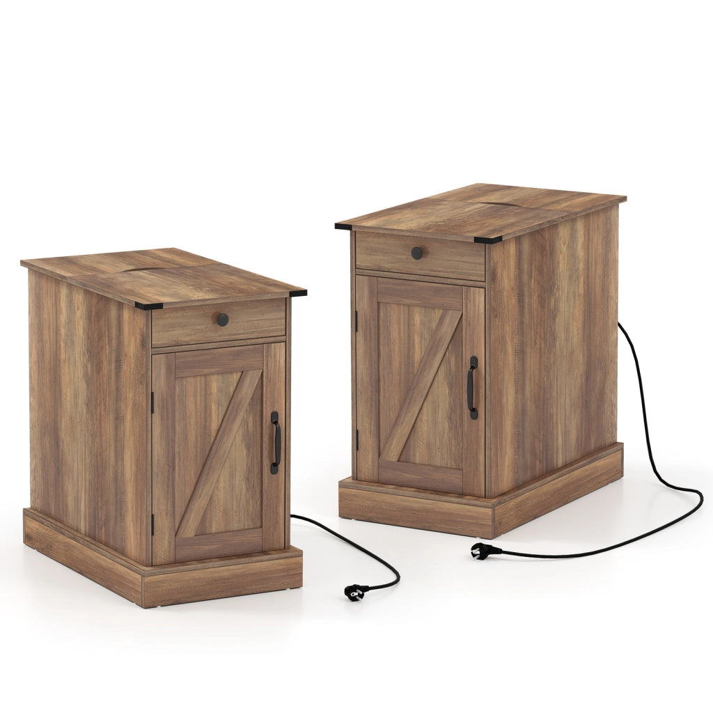 Set di 2 comodini camera letto stretto ricarica coperchio ribalta cassetto, Comodino tavolino piccolo vassoio rimovibile armadio Marrone