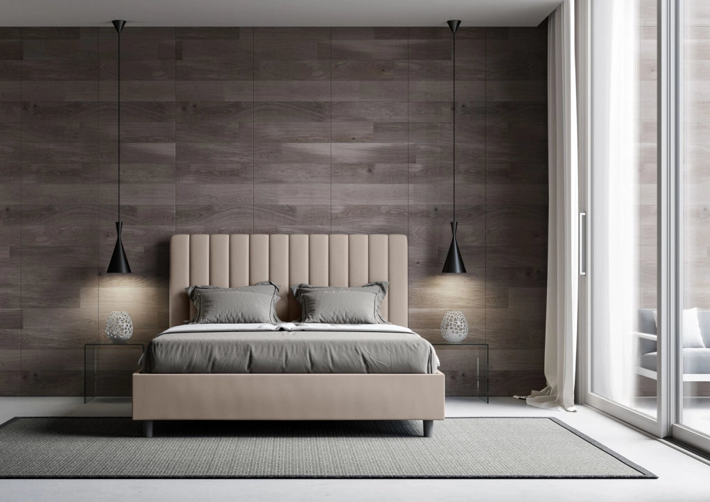 BS COM Letto matrimoniale francese contenitore imbottito 140x200 similpelle tortora