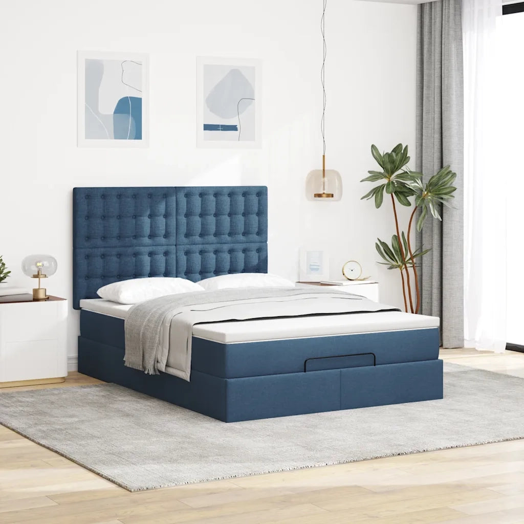 Struttura Letto Pouf con Materasso Blu 140x200cm in Tessuto 3313333