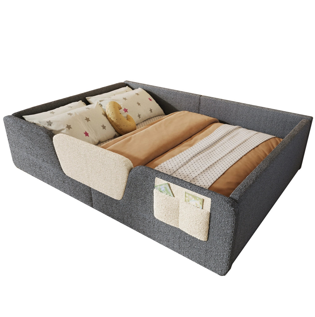 Letto imbottito per bambini 140x190 cm con sponde di sicurezza rimovibili e tasca portaoggetti in velluto grigio, senza materasso
