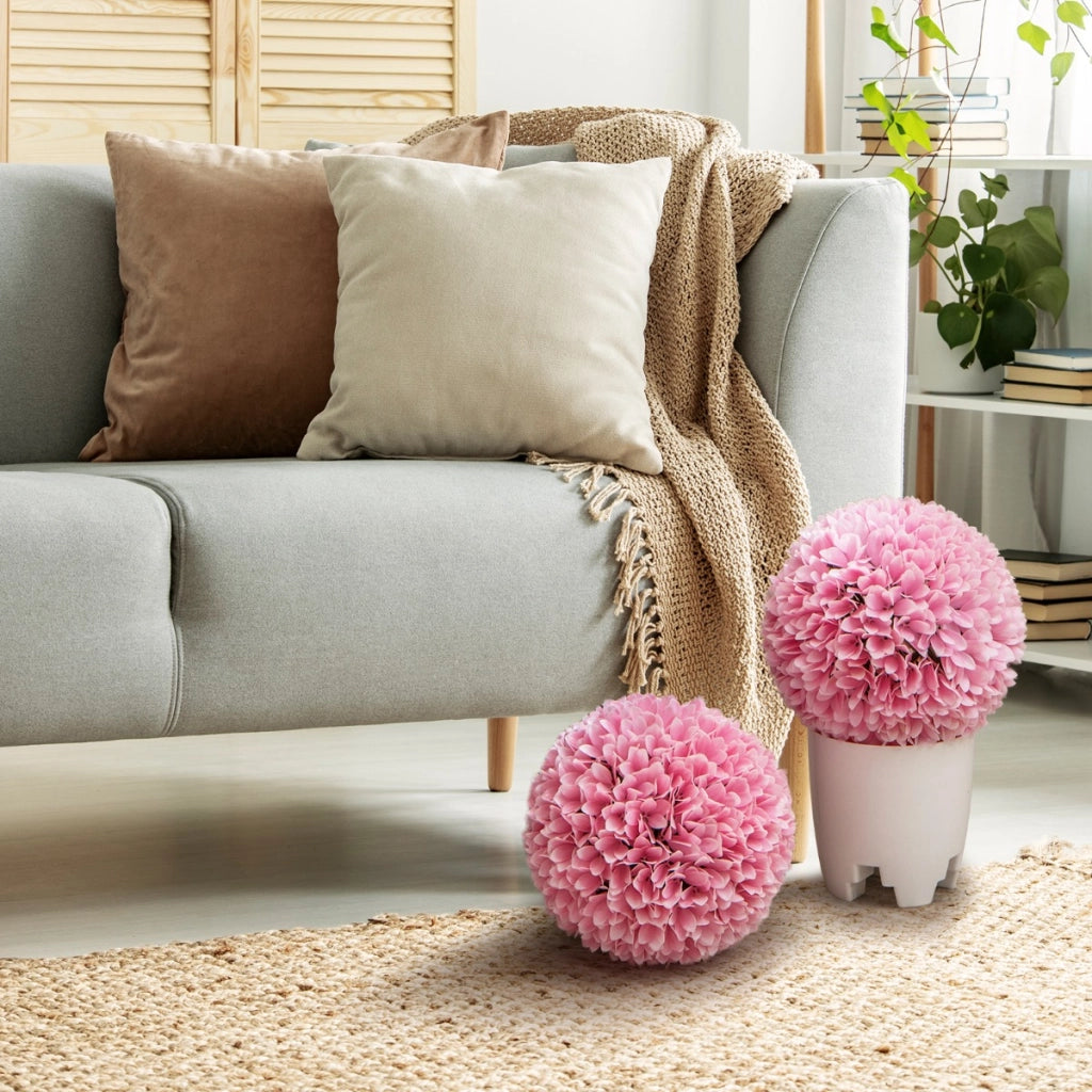 Set di 2 sfere topiarie in piante artificiali, Sfere decorative in finto da 28 cm per interno e esterno Rosa-Piante artificiali
