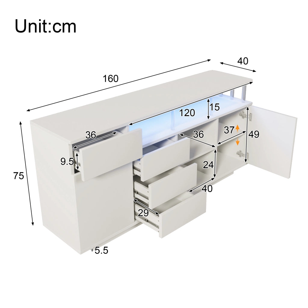 Credenza con 4 cassetti; 2 ante e LED - per soggiorno - 160×40×75 cm - bianca