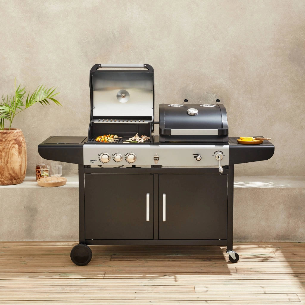 Barbecue a gas 2 in 1, 3 bruciatori + 1 fuoco laterale, nero