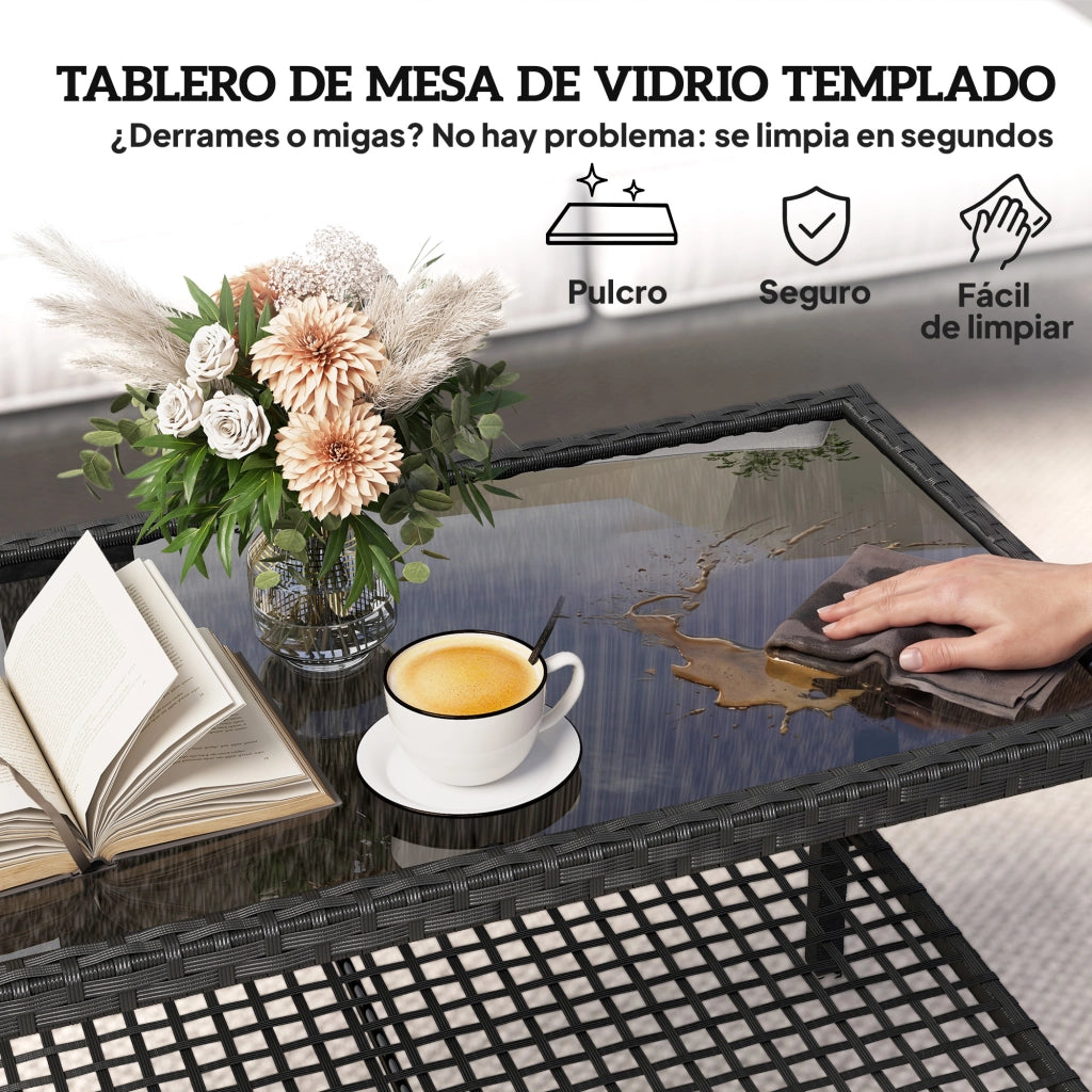 Tavolino da giardino in rattan con piano in vetro e struttura in acciaio ¨C Minimal ¨C Nero 92x50x45 cm
