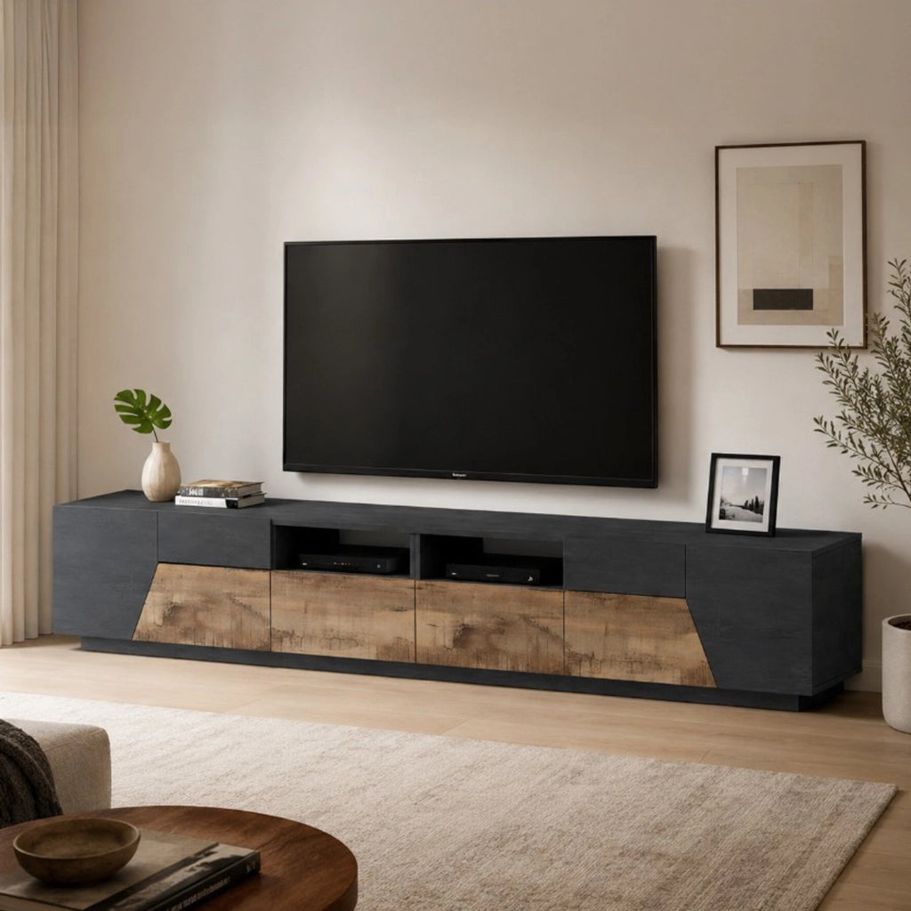 Mobile da soggiorno Porta Asdrubale, Made in Italy, Credenza per Asdrubale da salotto a 4 ante geometriche e 2 cassetti, Cm 260x43h46, Ardesia e Acero