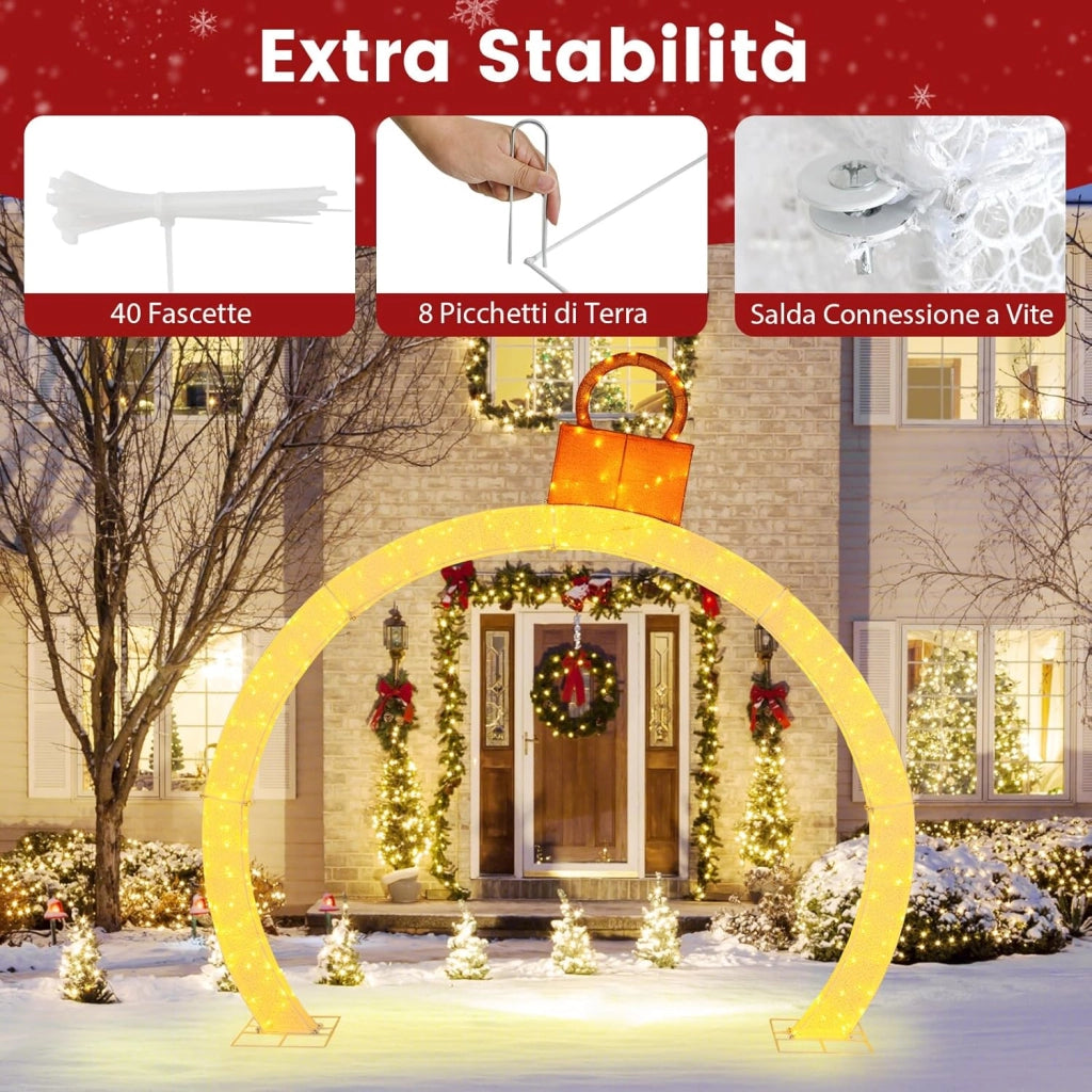 Arco di Natale Pre-Illuminato di 313 cm, Arco Festivo Illuminato con Cappello Ornamentale Dorato, 300 Luci LED Bianche Calde, Decorazione Natalizia per Giardino, Negozio e Cortile