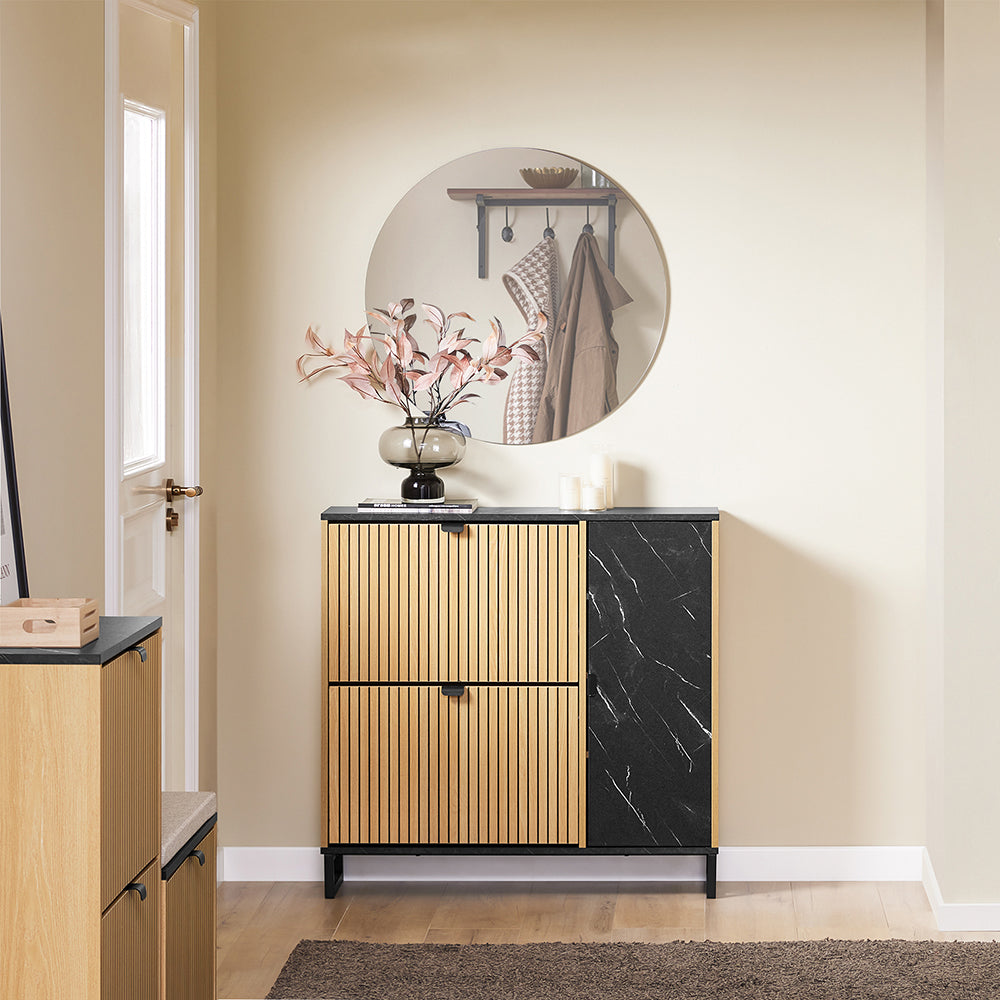 SoBuy Scarpiera Salvaspazio Slim con 2 Ante a Ribalta - Mobile Ingresso per 8 Paia di Scarpe, Scarpiera Ingresso - Design Moderno Nero Marmo e Legno Chiaro, Fissaggio Antiribaltamento - FSR203-N