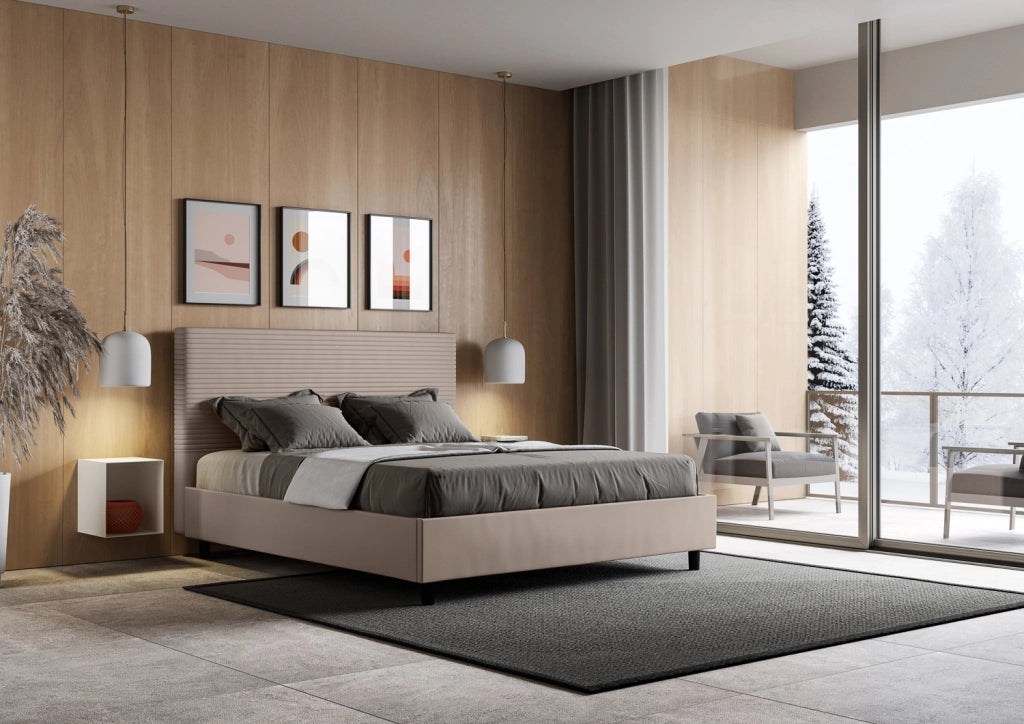 BS COM Letto matrimoniale francese contenitore imbottito 140x200 similpelle tortora