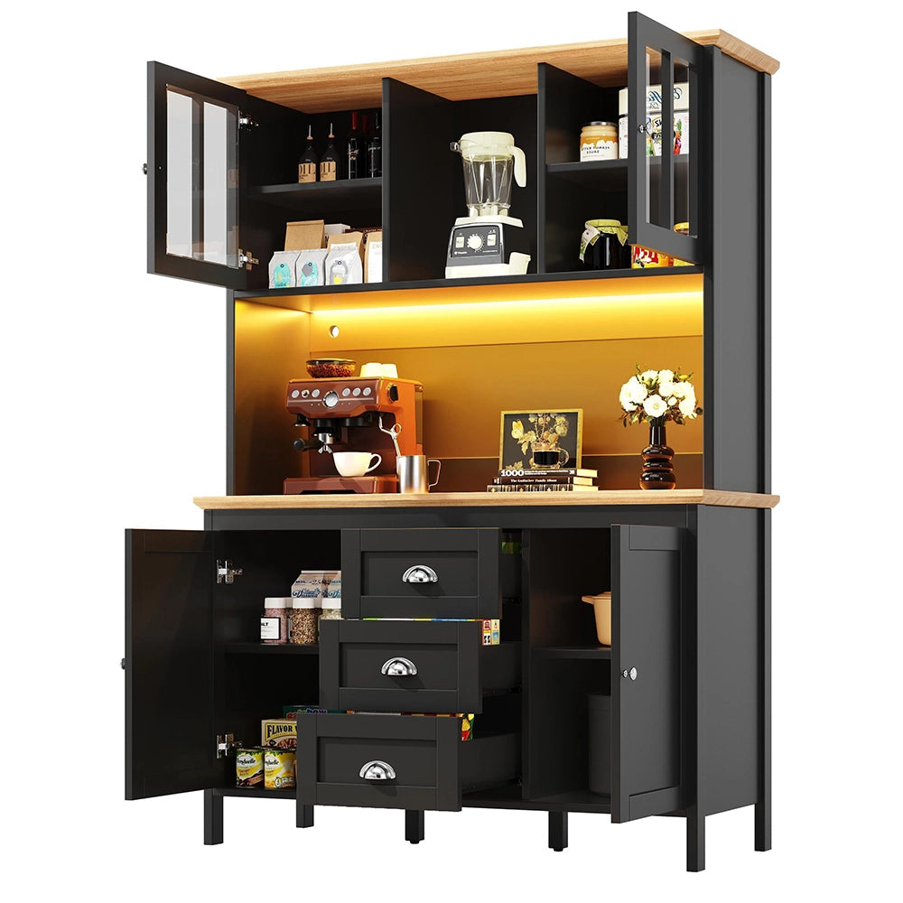 Armadio da cucina con illuminazione LED - Xylo - 120x40x179 cm - Bianco/Nero - 4 porte e 3 cassetti