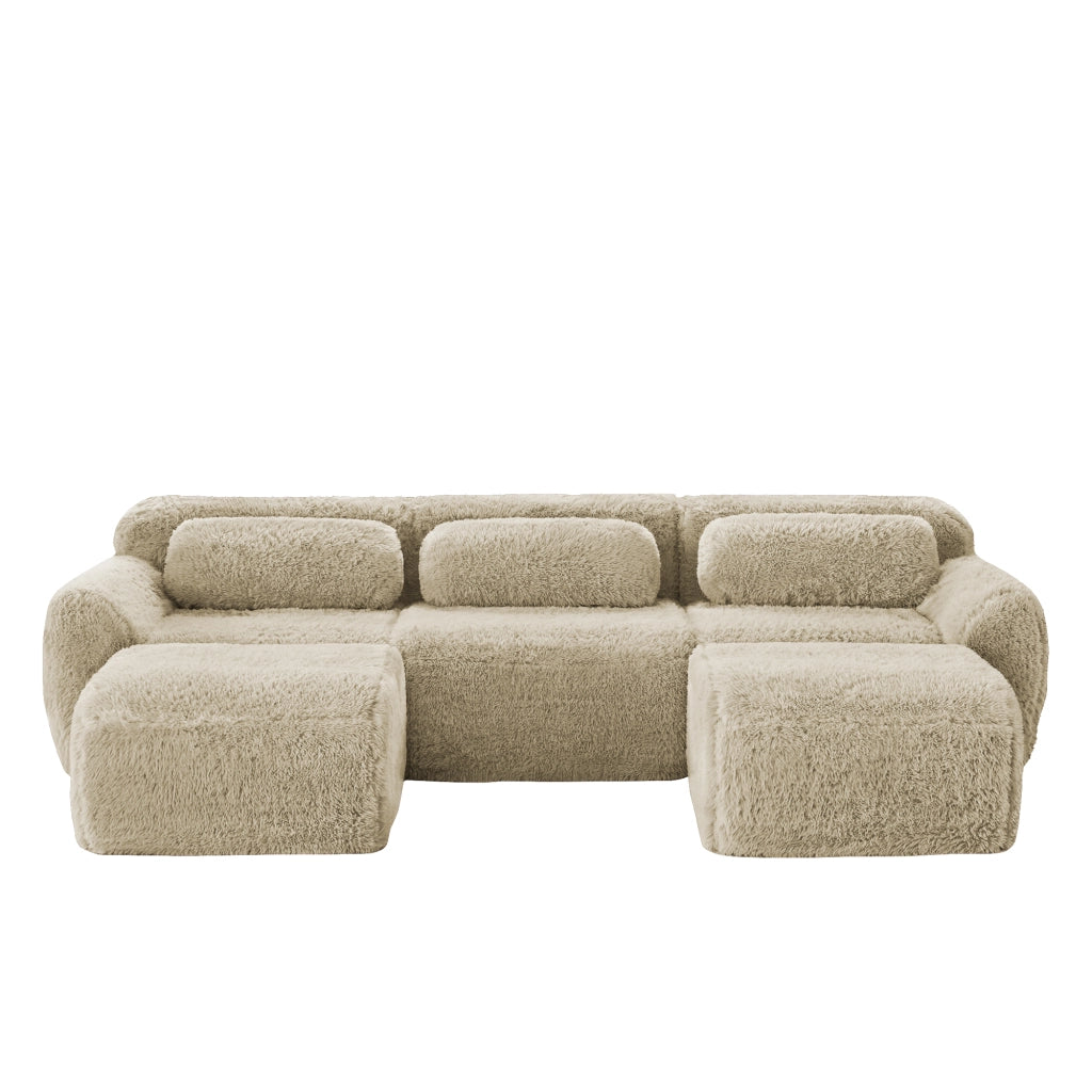 Divano Modulare a U ¨C Xylo ¨C Tessuto Peluche, con Cuscini, Chiaro