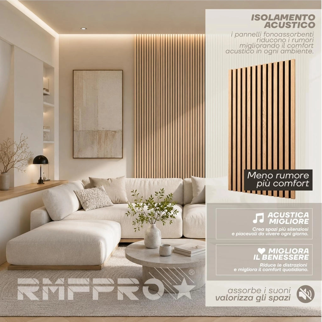 RMF PRO 1  Pannello Decorativo Parete Legno Fonoassorbente Rovere Chiaro 120x60 cm (0,72 m²) – Singolo Rivestimento Acustico a Listelli MDF per Soggiorno, Studio e Ufficio