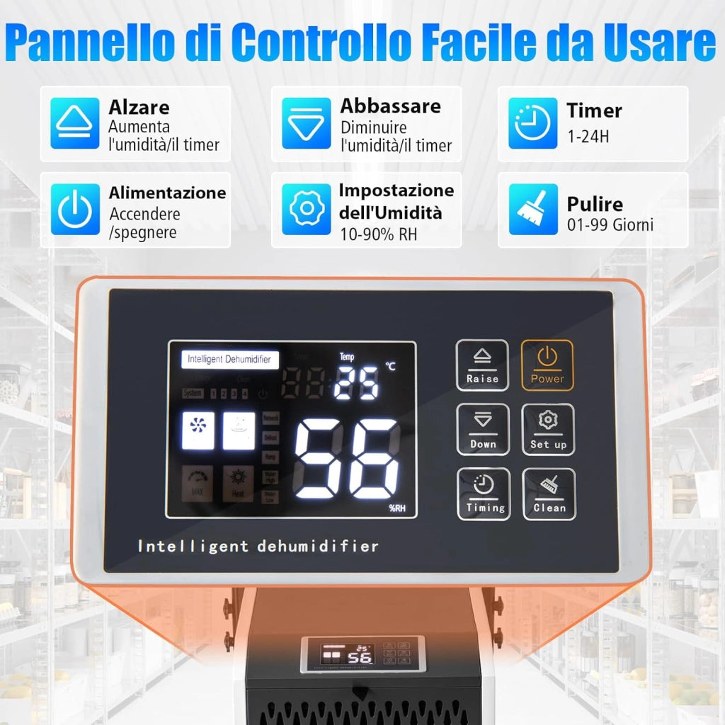Deumidificatore Casa, Deumidificatore Elettrico con Tubo di Scarico e Timer, Deumidificatore Portatile con Ruote per Cantina, Magazzino, Fabbrica e Grandi Spazi fino a 695 m³ (Bianco)