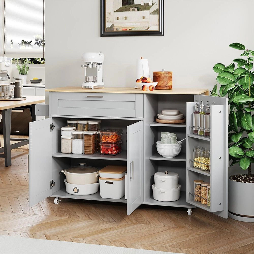 Tavolo da cucina mobile con piano ribaltabile - Xylo - 132,5x44x90 cm - Venatura quercia - Multifunzionale con scaffale spezie, porta asciugamani, 5 ruote