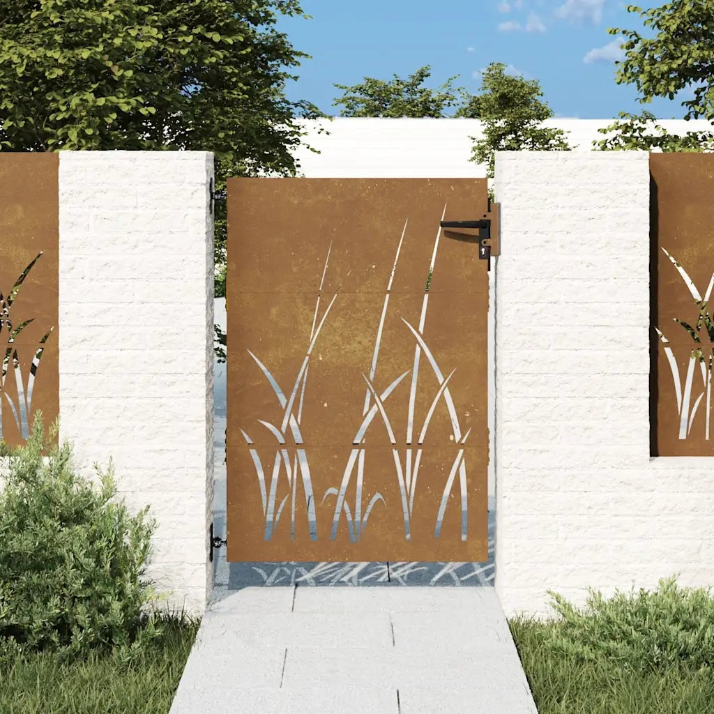 Cancello da giardino 85x150cm in acciaio Corten con design erba 153223