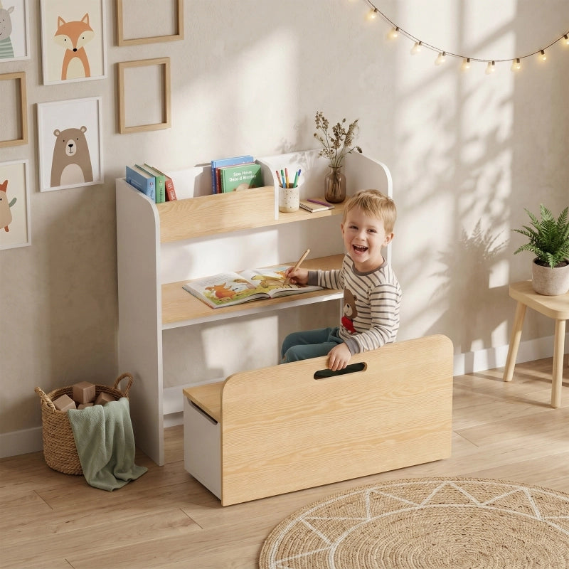 Tavolo bambini con panca 5-in-1, gruppo sedute con libreria, panca baule rotante con scatola portaoggetti, per 3-8 anni