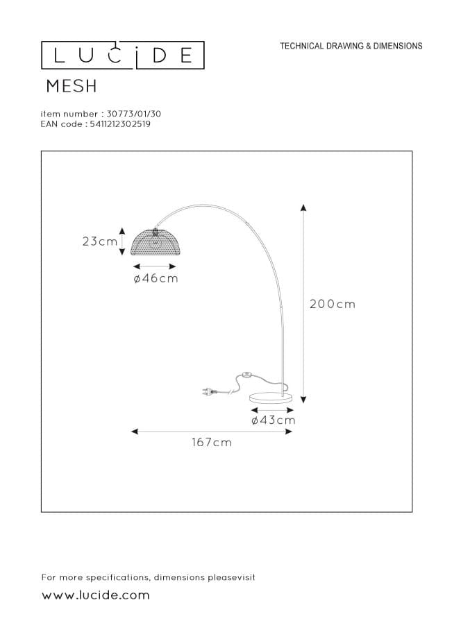Lampada da terra ad arco Lucide Mesh nera metallo E27 60W