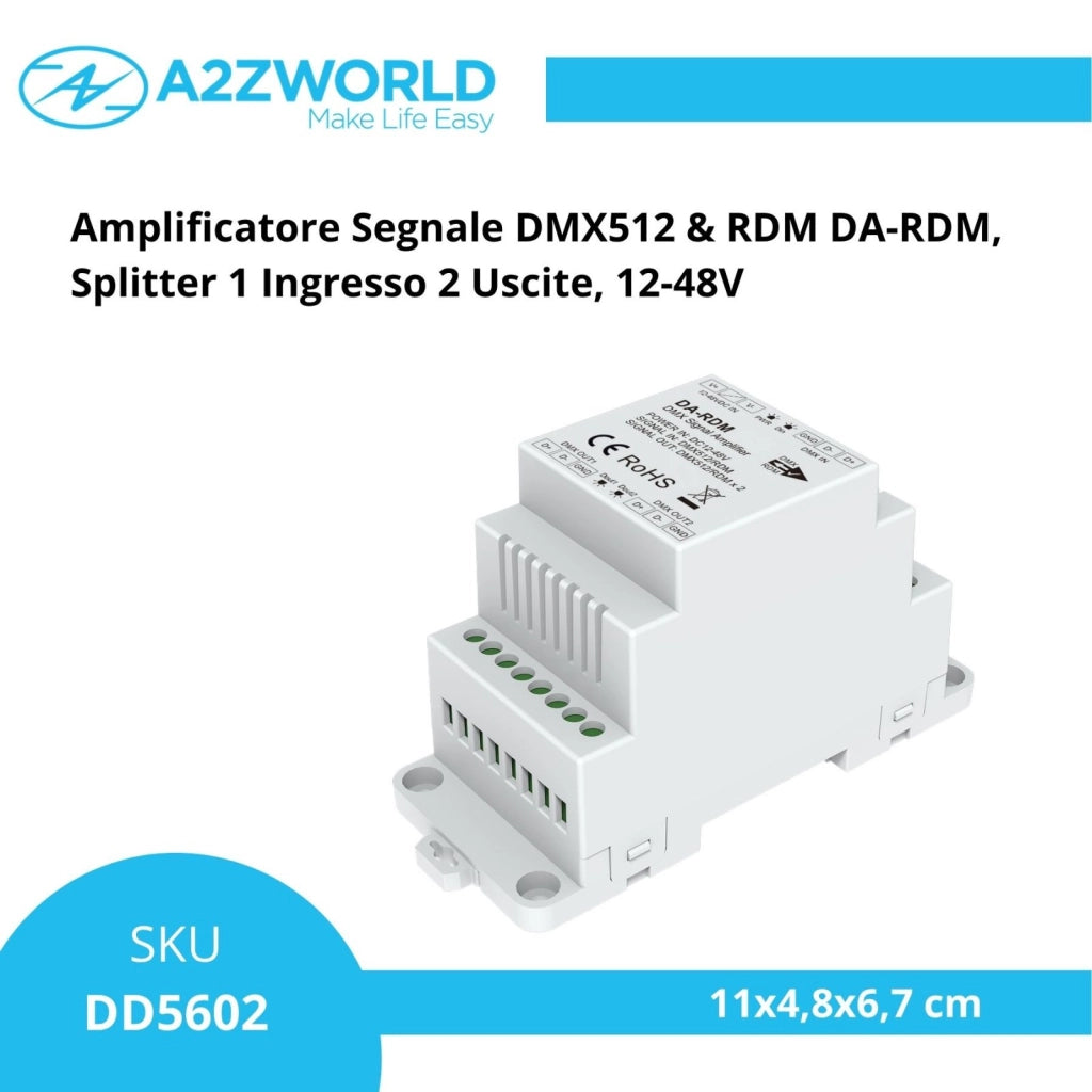 Amplificatore Segnale DMX512 & RDM DA-RDM, Splitter 1 Ingresso 2 Uscite, 12-48V