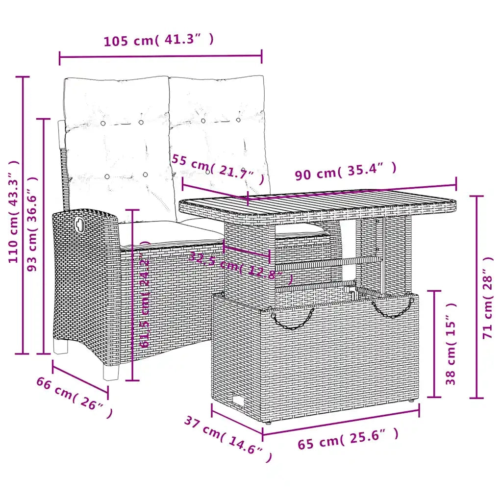Set da Pranzo da Giardino 2 pz con Cuscini Nero in Polyrattan 3277394