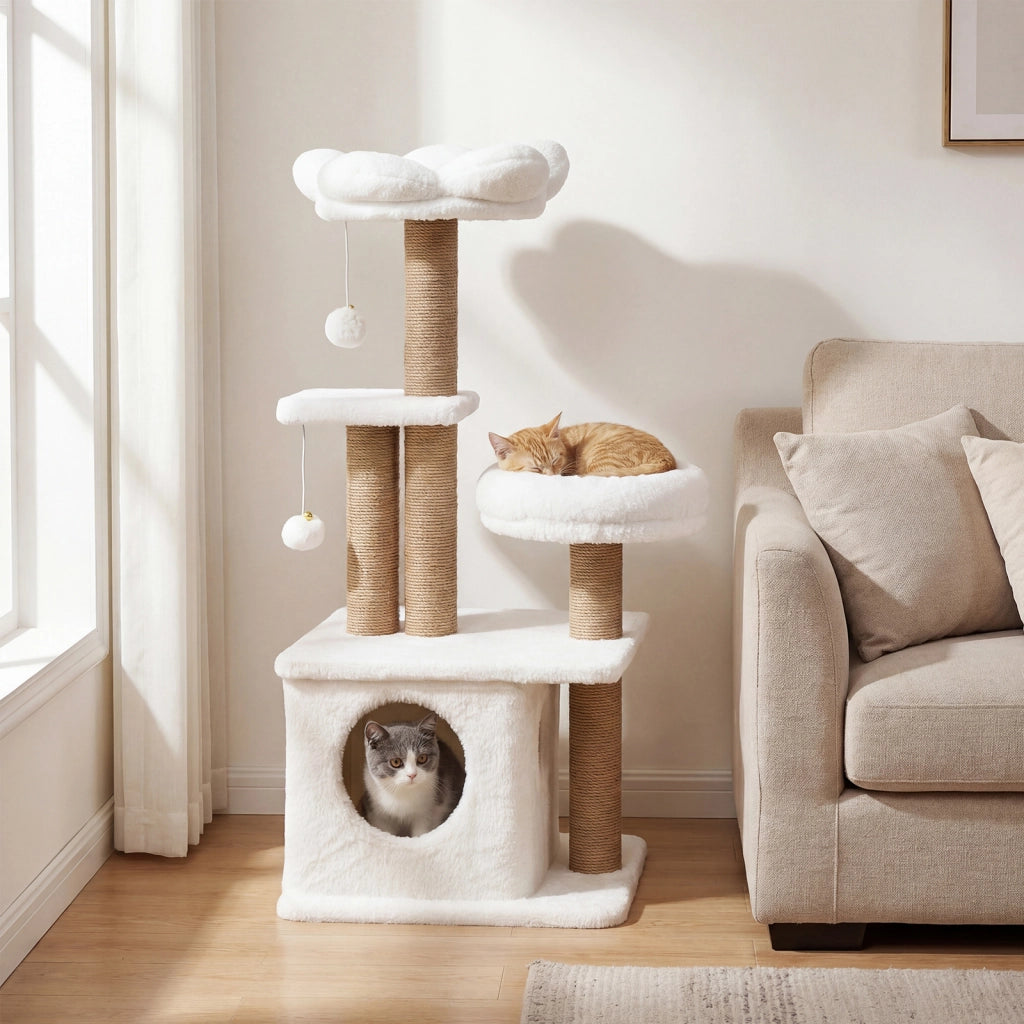 Albero per gatti torre per gatti alta 96 cm 2 palline con campanelli appese, Condo accogliente letto per gatti posti per graffiare Beige