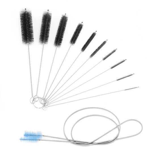 Set di spazzole per pulizia 11 pezzi - Spazzola flessibile 155 cm - Set di spazzole in nylon - Manico in acciaio inossidabile - Adatto per acquari e bottiglie
