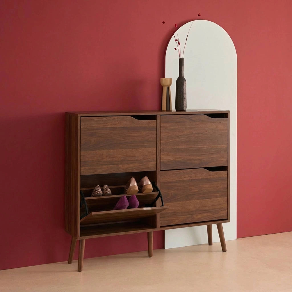 Scarpiera con decoro effetto legno, 4 ante, noce
