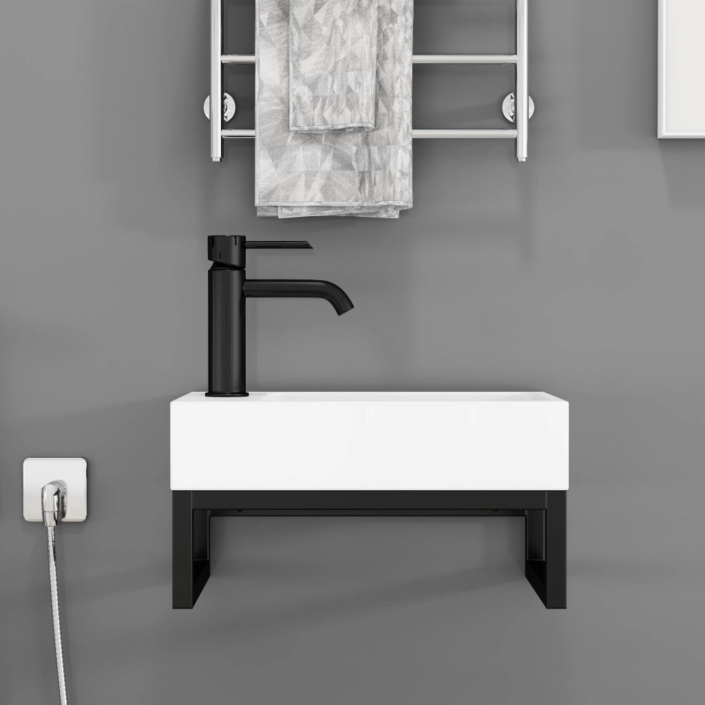 Lavabo sospeso compatto con telaio in metallo e troppo pieno premontato per bagno e WC ospiti 40 × 21 × 25 cm