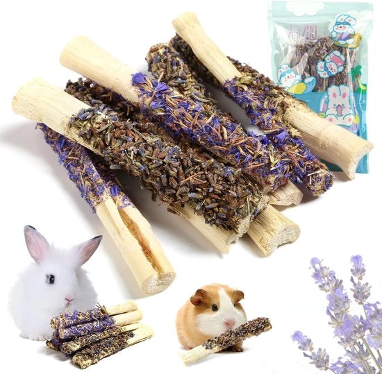 Set di asticciole per conigli e cavia 8 pezzi - Materiale naturale - Fusto di lavanda/vergete-mi-non - Cura dei denti - 100% Bambù essiccato - Adatto per conigli e cavia - Giocattolo per gatti
