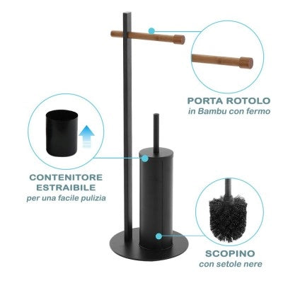 Piantana Portascopino e Portarotolo Nera  e Legno di Bambù