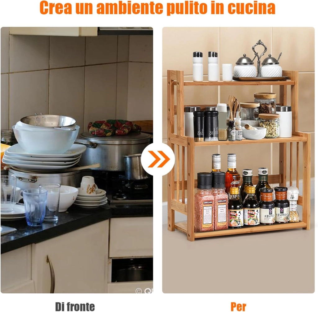 Porta Spezie a 3 Ripiani, Portaspezie Mensola per Cucina Bagno e Toletta, Organizzatore Supporto Porta Spezie in Legno bambù, Carico 20kg, 50 x 41,5 x 18 cm
