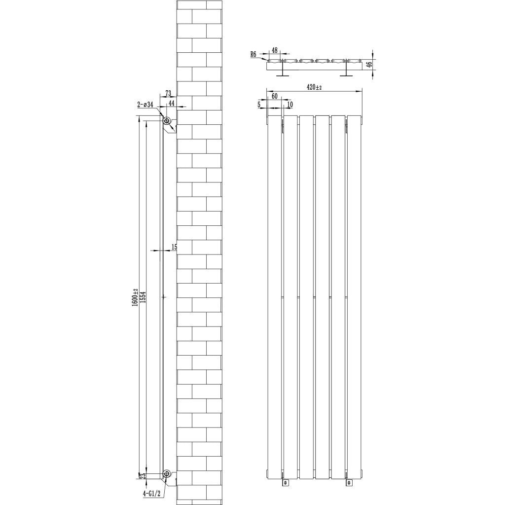 Radiatore Verticale 1600 x 420 mm con Valvole TRV Bianco