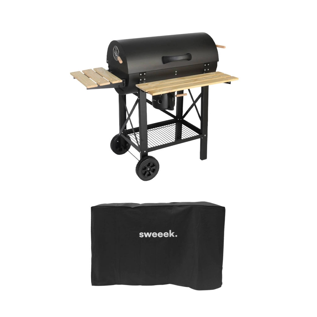 Barbecue a carbone, griglia e affumicatore americano, ruote e ripiani