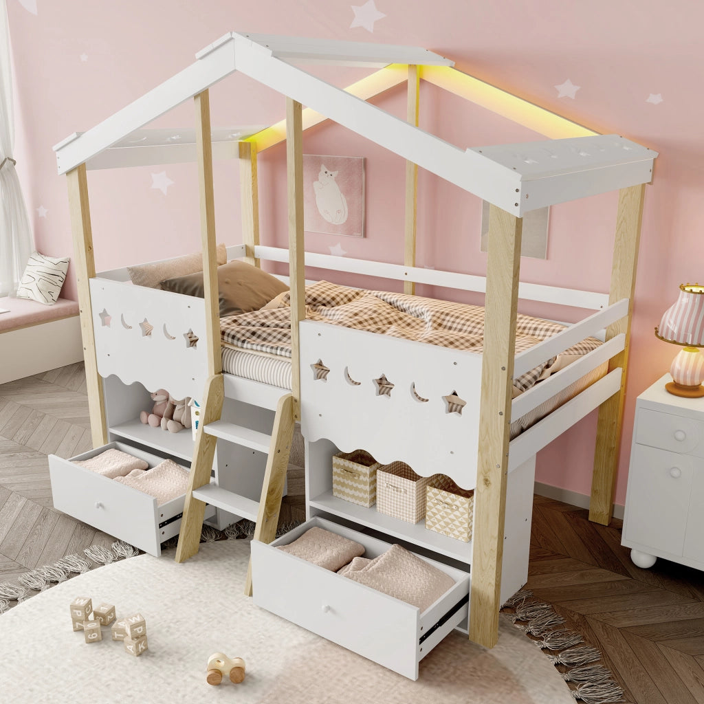 OKWISH Letto a Soppalco 90×200 cm, Letto Singolo con 2 Cassetti, LED Regolabile e Mensole, senza Materasso, in Pino, Bianco e Naturale