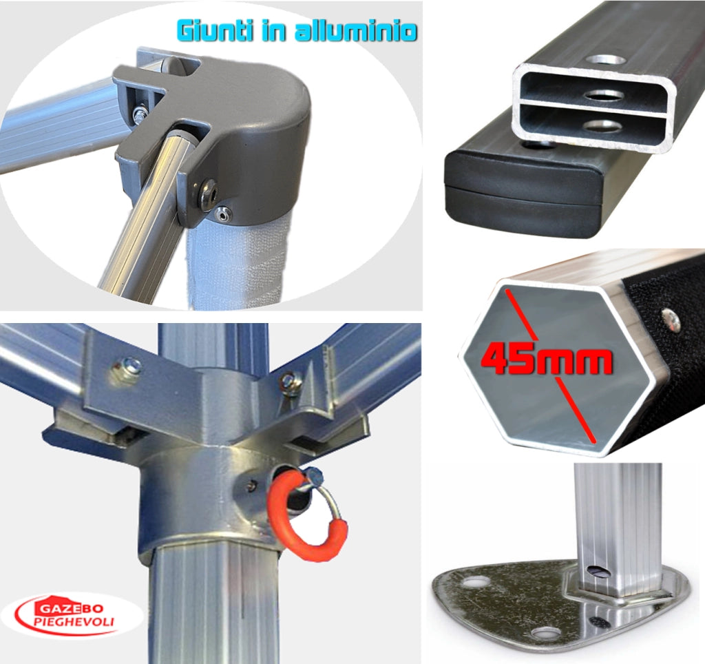 Gazebo 3x6 m rosso certificato IGNIFUGO pieghevole alluminio piantone esagonale 45mm portatile estendibile richiudibile estensibile acciaio con laterali per fiere eventi stand chiosco tenda tendone mercato mercatino