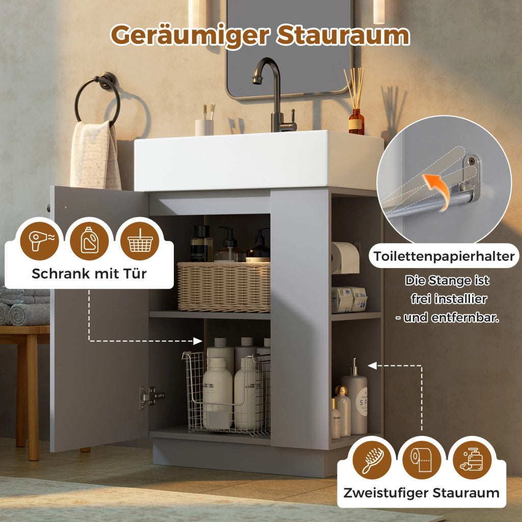 Mobile sottolavabo con lavabo in ceramica anta a chiusura ammortizzata e portarotolo removibile grigio 55 × 32 × 87 cm